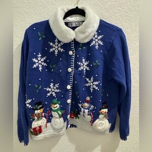 Ohi vintage Blue Snowman Christmas Sweater with White Collar